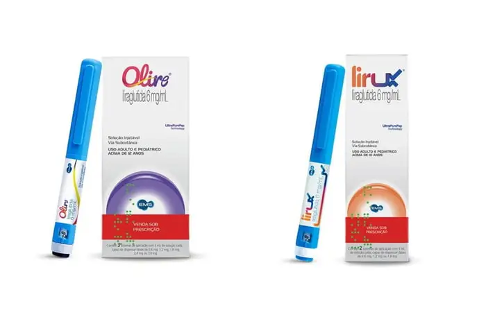 Duas caixas de medicamentos brasileiros com canetas injetoras azuis: uma chamada "Oliro", voltada para obesidade, e outra chamada "Lirux", voltada para diabetes tipo 2. Ambas contêm liraglutida 6 mg/mL para aplicação subcutânea em adultos.