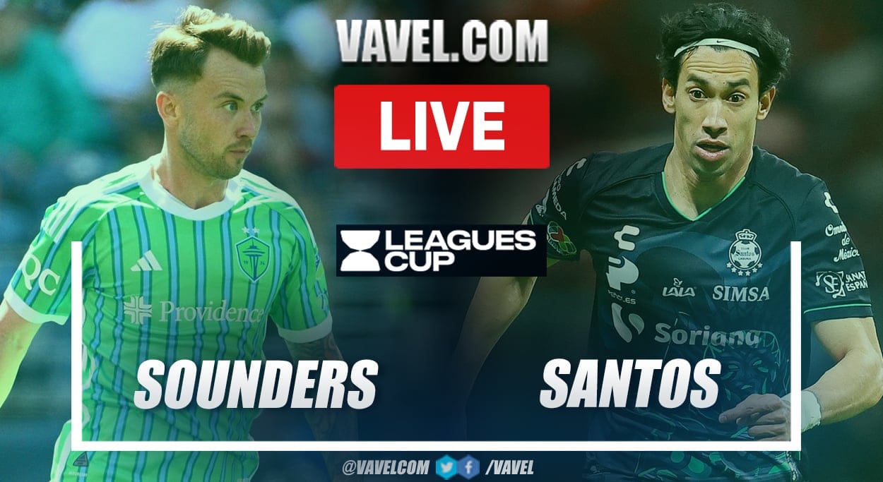 Montagem promocional de transmissão ao vivo do jogo entre Seattle Sounders e Santos Laguna pela Copa das Ligas 2025, com destaque para jogadores das duas equipes, logotipo do torneio e identidade visual da VAVEL.