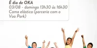Crianças aproveitam uma tarde de brincadeiras no Oka Floripa com cama elástica gratuita em parceria com Voa Park, neste domingo, das 13h30 às 16h30.