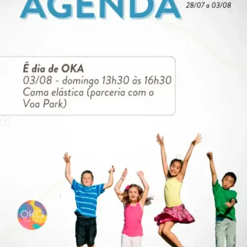 Crianças aproveitam uma tarde de brincadeiras no Oka Floripa com cama elástica gratuita em parceria com Voa Park, neste domingo, das 13h30 às 16h30.