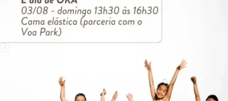 Crianças aproveitam uma tarde de brincadeiras no Oka Floripa com cama elástica gratuita em parceria com Voa Park, neste domingo, das 13h30 às 16h30.