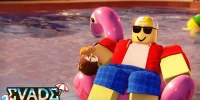 Personagem relaxa em uma boia de flamingo na nova atualização de verão do Evade, no Roblox.