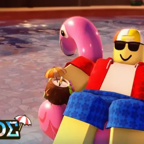Personagem relaxa em uma boia de flamingo na nova atualização de verão do Evade, no Roblox.
