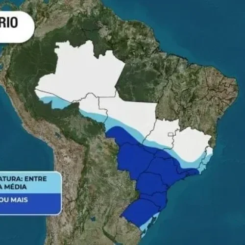 Mapa mostra os estados brasileiros com previsão de temperaturas até 5 °C abaixo da média durante a 5ª onda de frio, segundo a Climatempo.