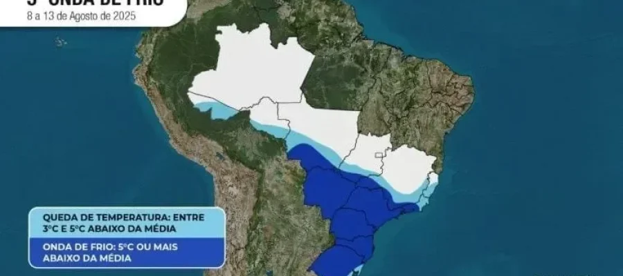 Mapa mostra os estados brasileiros com previsão de temperaturas até 5 °C abaixo da média durante a 5ª onda de frio, segundo a Climatempo.